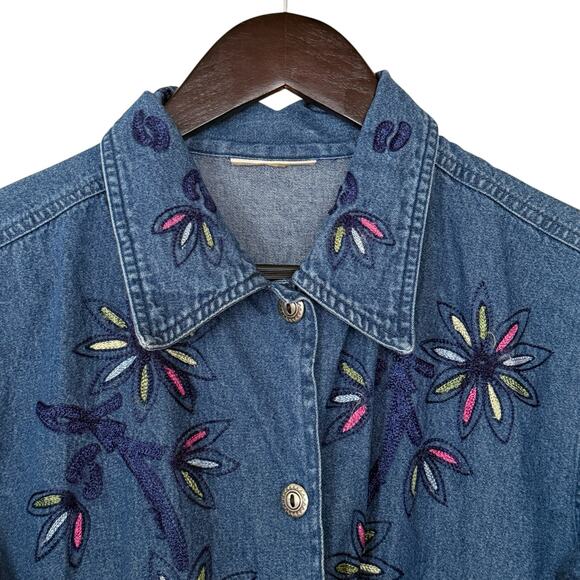 Vintage 1980s Denim Jean Long Sleeve Embroidered Collared Full Button Jacket L - Picture 6 of 8